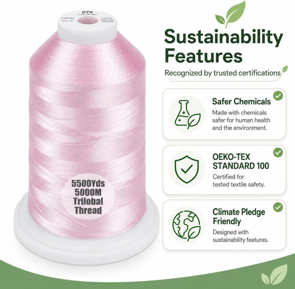 5500Yds/5000M 40WT Polyester Embroidery Thread Salmon Pink 079 | Large 5000M spool with thread lock base feeds smoothly for stable 40WT polyester stitching on home and commercial machines.