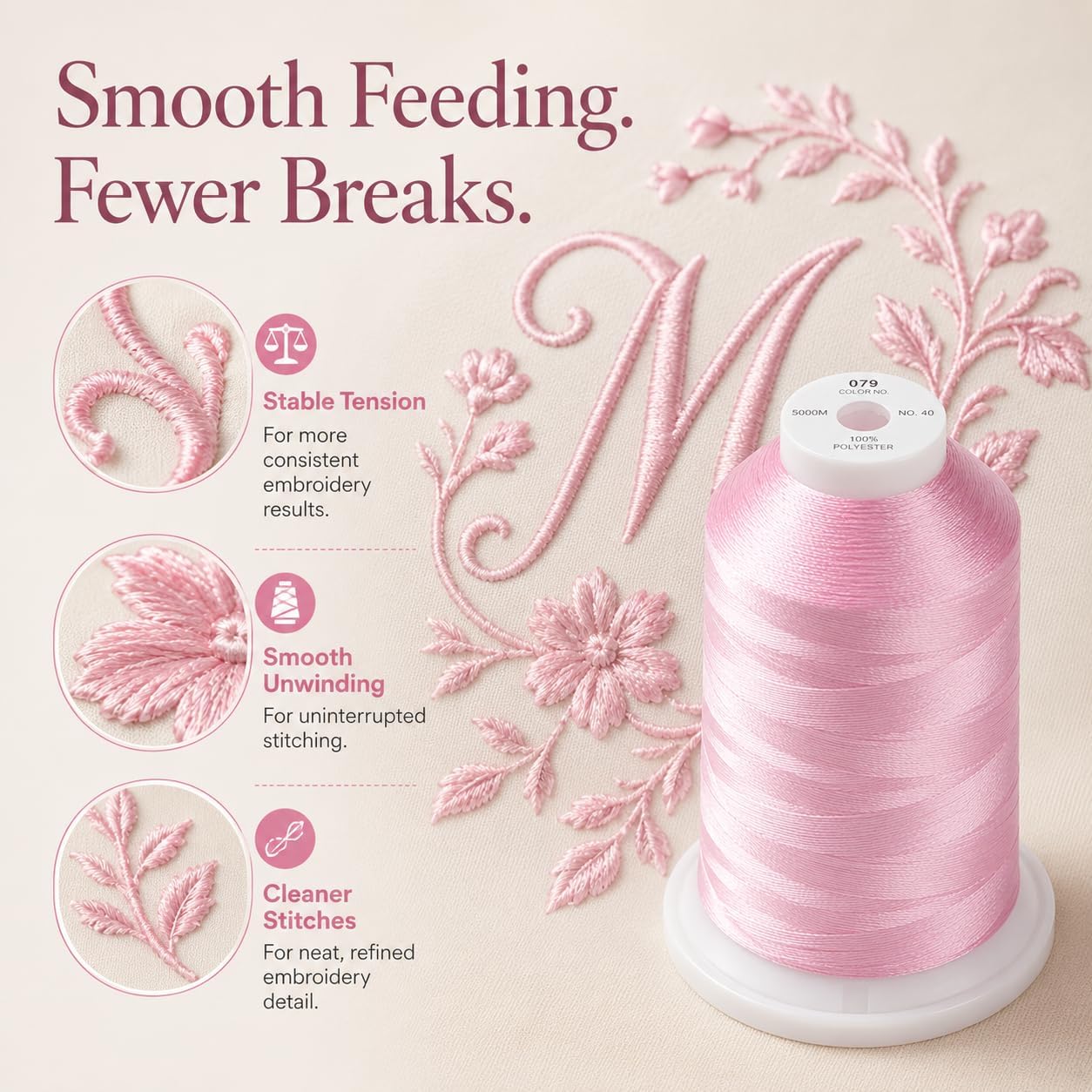 5500Yds/5000M 40WT Polyester Embroidery Thread Salmon Pink 079 | Large 5000M spool with thread lock base feeds smoothly for stable 40WT polyester stitching on home and commercial machines.