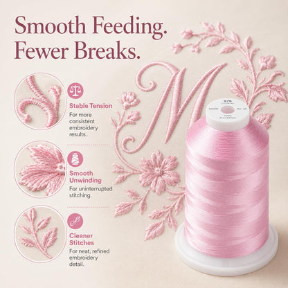 5500Yds/5000M 40WT Polyester Embroidery Thread Salmon Pink 079 | Large 5000M spool with thread lock base feeds smoothly for stable 40WT polyester stitching on home and commercial machines.