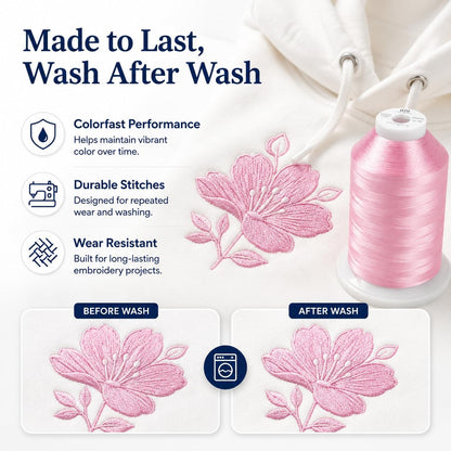 5500Yds/5000M 40WT Polyester Embroidery Thread Salmon Pink 079 | Large 5000M spool with thread lock base feeds smoothly for stable 40WT polyester stitching on home and commercial machines.