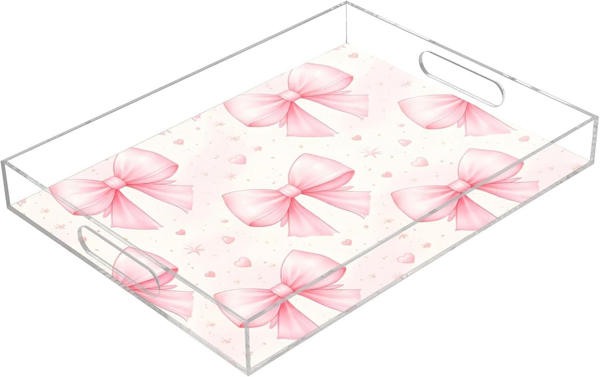 Bows Light Pink Serving Tray 12" x 16" Acrylic Trays with Handles Decorative Serving Platter for Coffee, Breakfast in Bed, Dinner, Appetizers, Patio, Party