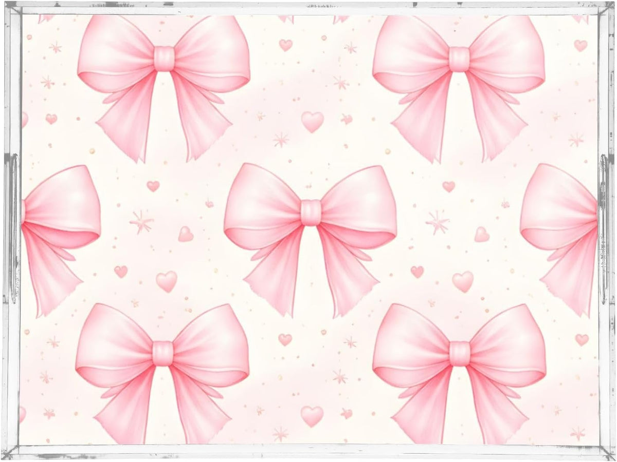 Bows Light Pink Serving Tray 12" x 16" Acrylic Trays with Handles Decorative Serving Platter for Coffee, Breakfast in Bed, Dinner, Appetizers, Patio, Party