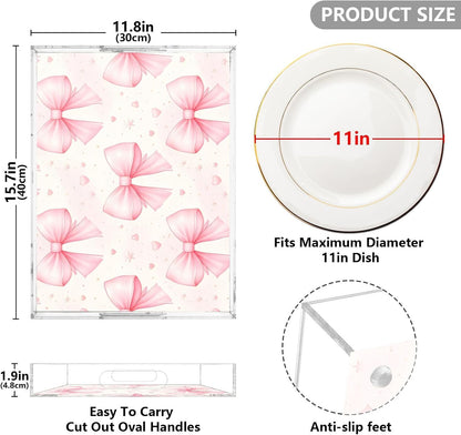 Bows Light Pink Serving Tray 12" x 16" Acrylic Trays with Handles Decorative Serving Platter for Coffee, Breakfast in Bed, Dinner, Appetizers, Patio, Party