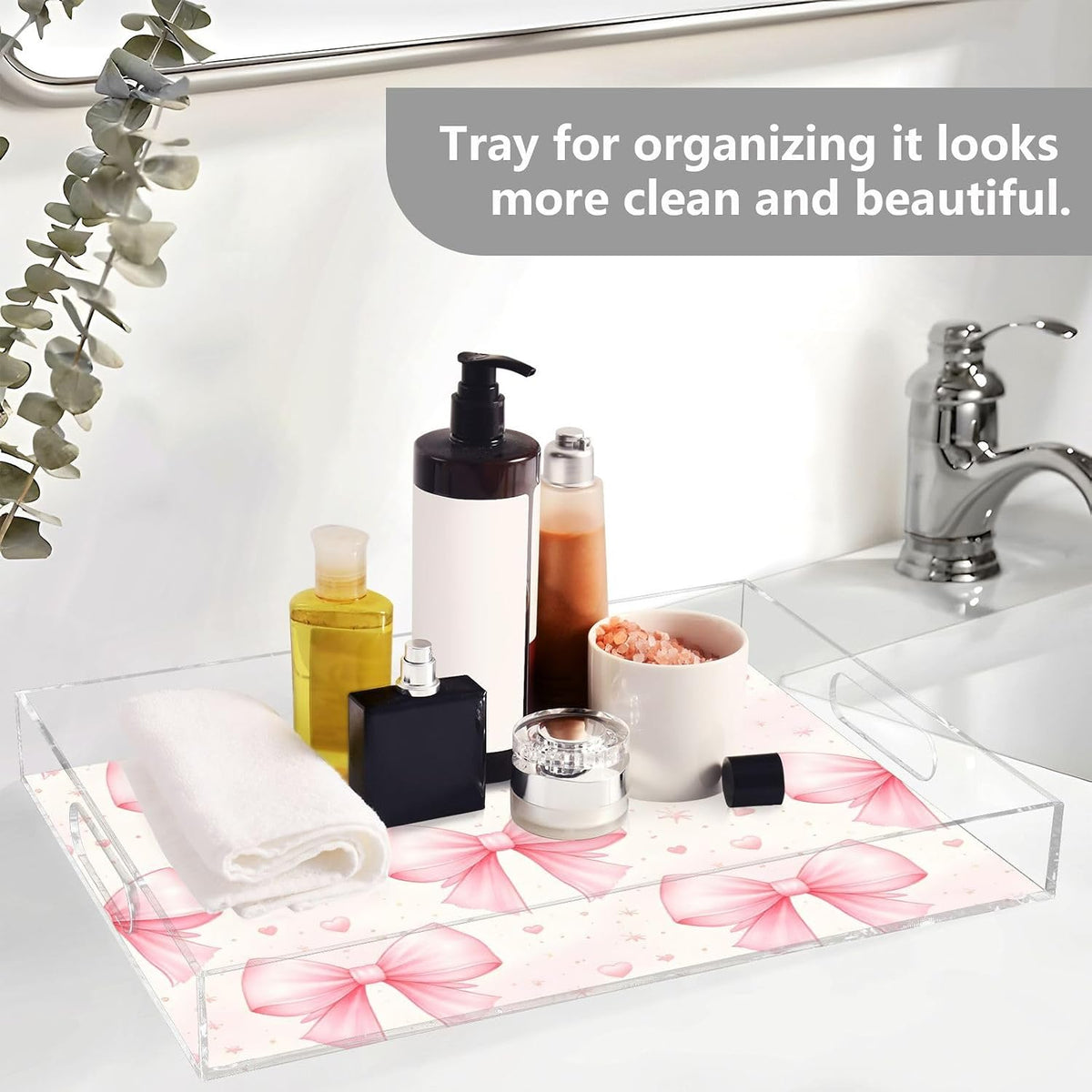 Bows Light Pink Serving Tray 12" x 16" Acrylic Trays with Handles Decorative Serving Platter for Coffee, Breakfast in Bed, Dinner, Appetizers, Patio, Party