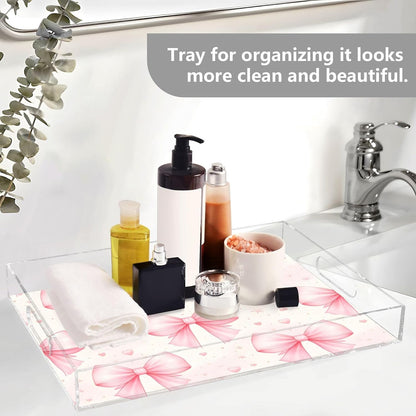 Bows Light Pink Serving Tray 12" x 16" Acrylic Trays with Handles Decorative Serving Platter for Coffee, Breakfast in Bed, Dinner, Appetizers, Patio, Party