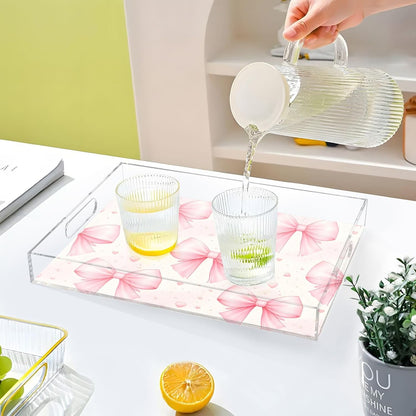 Bows Light Pink Serving Tray 12" x 16" Acrylic Trays with Handles Decorative Serving Platter for Coffee, Breakfast in Bed, Dinner, Appetizers, Patio, Party