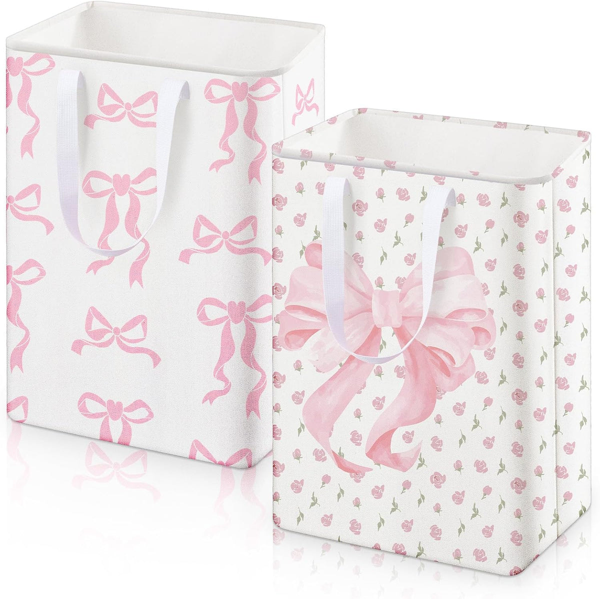 2 Pack Pink Bow Large Laundry Baskets, Bow Laundry Hamper with Handle, Pink Waterproof Canvas Fabric Lightweight Storage Basket, Bathroom Decor, Collapsible Clothes Hamper in Room