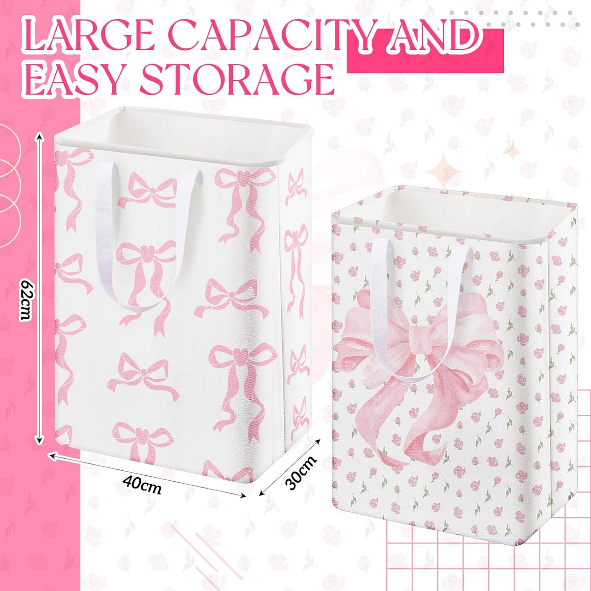 2 Pack Pink Bow Large Laundry Baskets, Bow Laundry Hamper with Handle, Pink Waterproof Canvas Fabric Lightweight Storage Basket, Bathroom Decor, Collapsible Clothes Hamper in Room