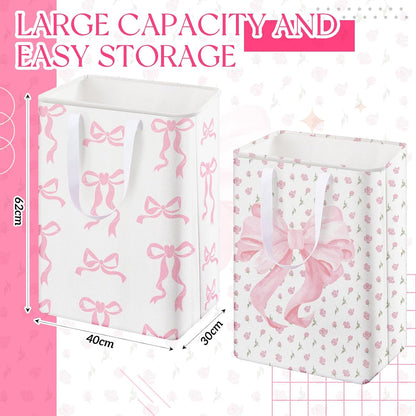 2 Pack Pink Bow Large Laundry Baskets, Bow Laundry Hamper with Handle, Pink Waterproof Canvas Fabric Lightweight Storage Basket, Bathroom Decor, Collapsible Clothes Hamper in Room