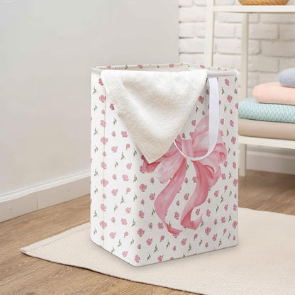 2 Pack Pink Bow Large Laundry Baskets, Bow Laundry Hamper with Handle, Pink Waterproof Canvas Fabric Lightweight Storage Basket, Bathroom Decor, Collapsible Clothes Hamper in Room