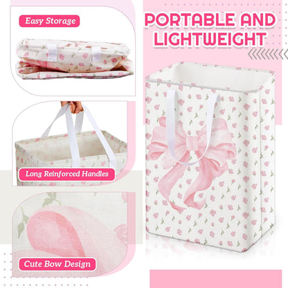 2 Pack Pink Bow Large Laundry Baskets, Bow Laundry Hamper with Handle, Pink Waterproof Canvas Fabric Lightweight Storage Basket, Bathroom Decor, Collapsible Clothes Hamper in Room