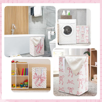 2 Pack Pink Bow Large Laundry Baskets, Bow Laundry Hamper with Handle, Pink Waterproof Canvas Fabric Lightweight Storage Basket, Bathroom Decor, Collapsible Clothes Hamper in Room