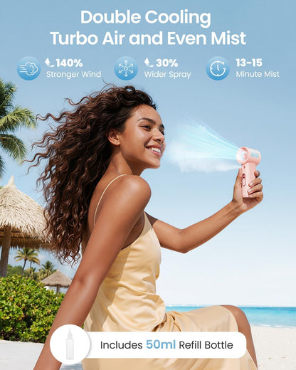 Handheld Misting Fan Portable - 5000mAh Rechargeable Battery, Powerful Turbo Personal Mister Fans, 5 Speed, Mini Water Spray Mist Hand Fan for Travel, Outdoors, Beach Vacation (Pink)