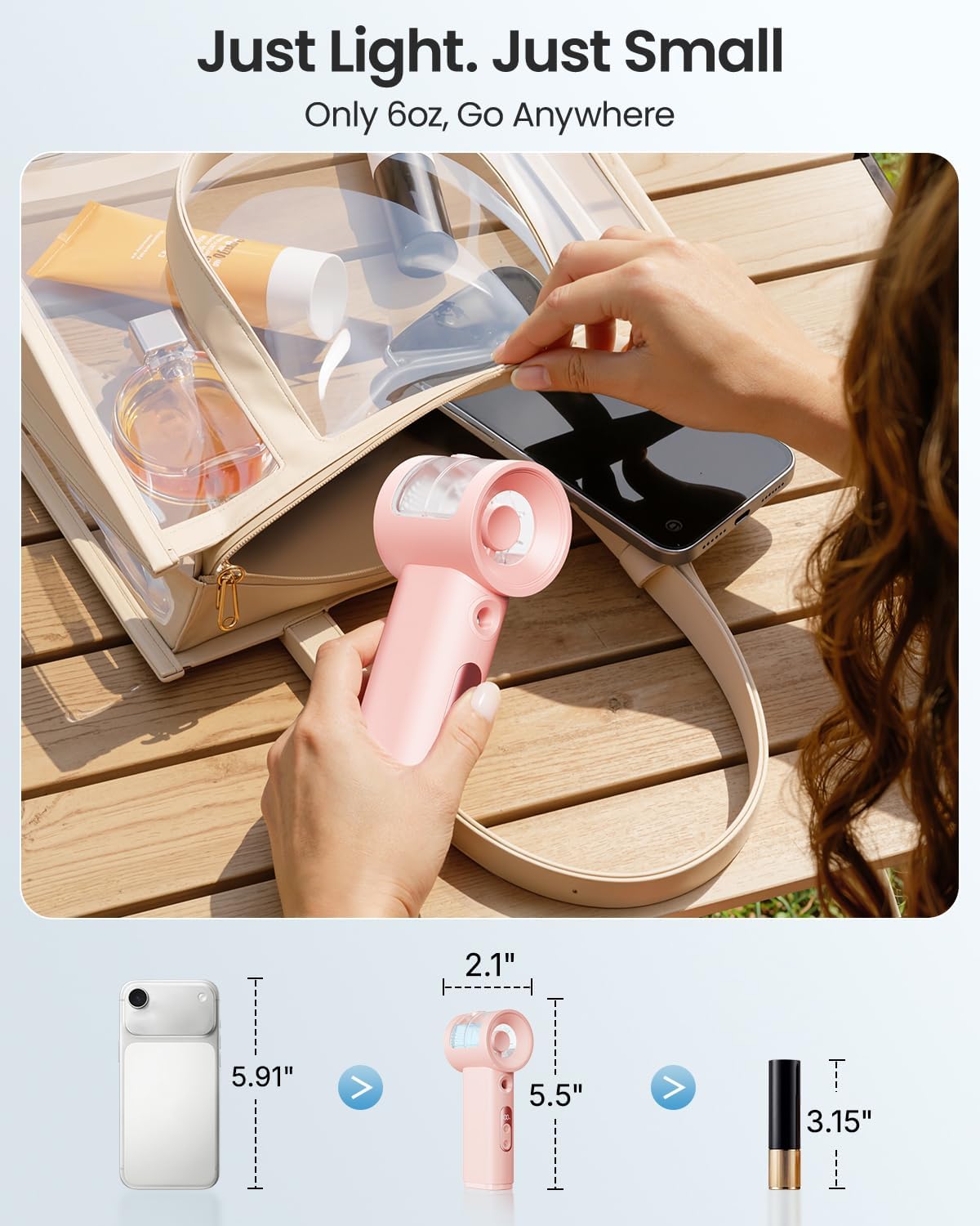 Handheld Misting Fan Portable - 5000mAh Rechargeable Battery, Powerful Turbo Personal Mister Fans, 5 Speed, Mini Water Spray Mist Hand Fan for Travel, Outdoors, Beach Vacation (Pink)