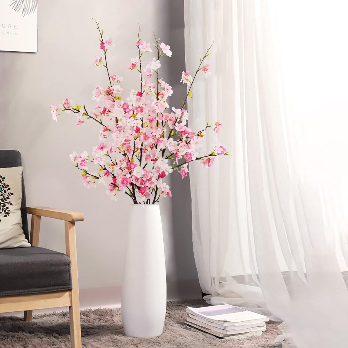 obbsie 4Pcs Artificial Cherry Blossom Flower Branches, 39.4" Fake Silk Pink Cherry Blossom Tree Stems Faux Cherry Flowers Vase Arrangements for Home Wedding Table Centerpieces Vase DIY Decor