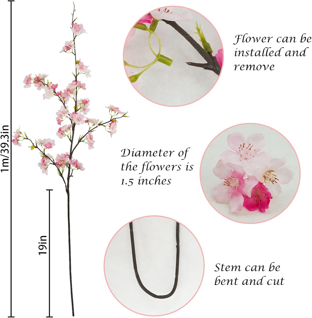 obbsie 4Pcs Artificial Cherry Blossom Flower Branches, 39.4" Fake Silk Pink Cherry Blossom Tree Stems Faux Cherry Flowers Vase Arrangements for Home Wedding Table Centerpieces Vase DIY Decor