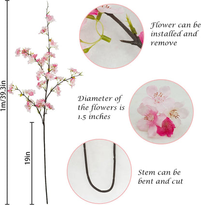 obbsie 4Pcs Artificial Cherry Blossom Flower Branches, 39.4" Fake Silk Pink Cherry Blossom Tree Stems Faux Cherry Flowers Vase Arrangements for Home Wedding Table Centerpieces Vase DIY Decor