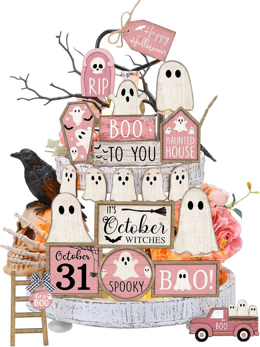 Halloween Tiered Tray Decorations Set, Wood, Ghost, Pink White