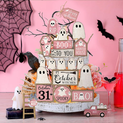 Halloween Tiered Tray Decorations Set, Wood, Ghost, Pink White