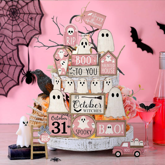 Halloween Tiered Tray Decorations Set, Wood, Ghost, Pink White