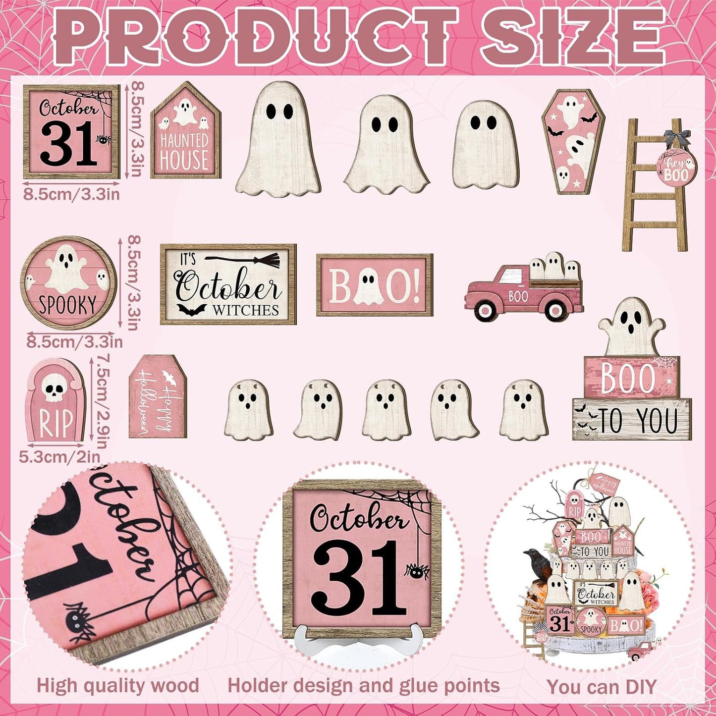 Halloween Tiered Tray Decorations Set, Wood, Ghost, Pink White