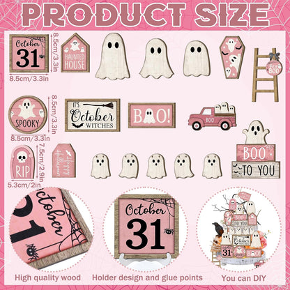 Halloween Tiered Tray Decorations Set, Wood, Ghost, Pink White