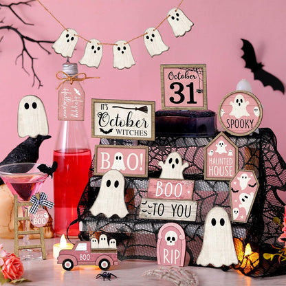 Halloween Tiered Tray Decorations Set, Wood, Ghost, Pink White