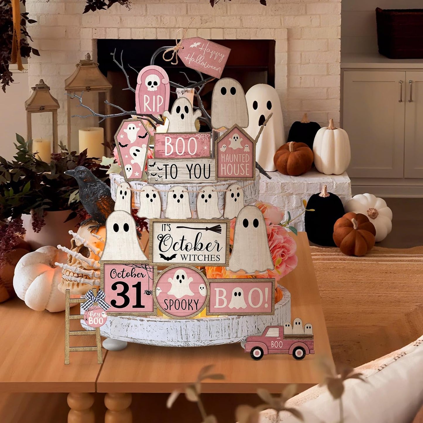 Halloween Tiered Tray Decorations Set, Wood, Ghost, Pink White