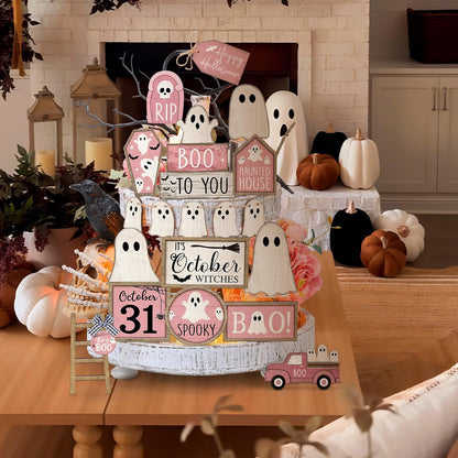 Halloween Tiered Tray Decorations Set, Wood, Ghost, Pink White