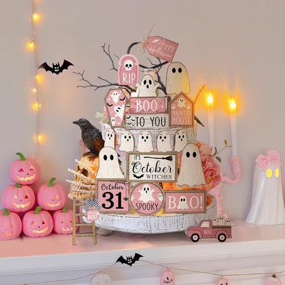 Halloween Tiered Tray Decorations Set, Wood, Ghost, Pink White