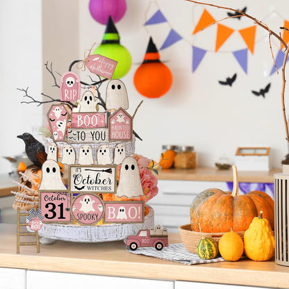 Halloween Tiered Tray Decorations Set, Wood, Ghost, Pink White