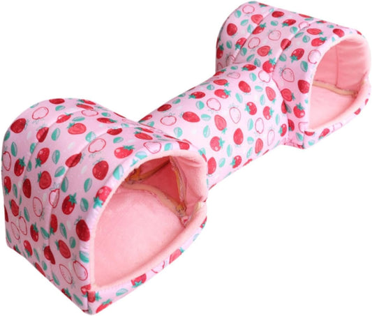 Hamster Tunnel Bed Hideout, Polyester Small Pet Cave for Guinea Pigs, Mice, Chinchillas and Dwarf Rabbits, Pink Strawberry