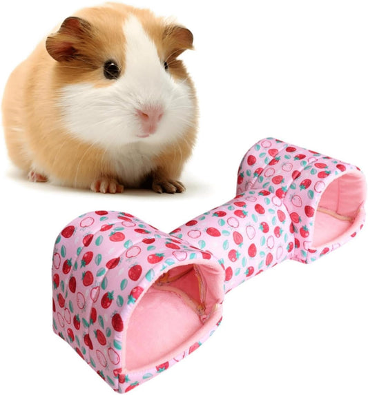 Hamster Tunnel Bed Hideout, Polyester Small Pet Cave for Guinea Pigs, Mice, Chinchillas and Dwarf Rabbits, Pink Strawberry