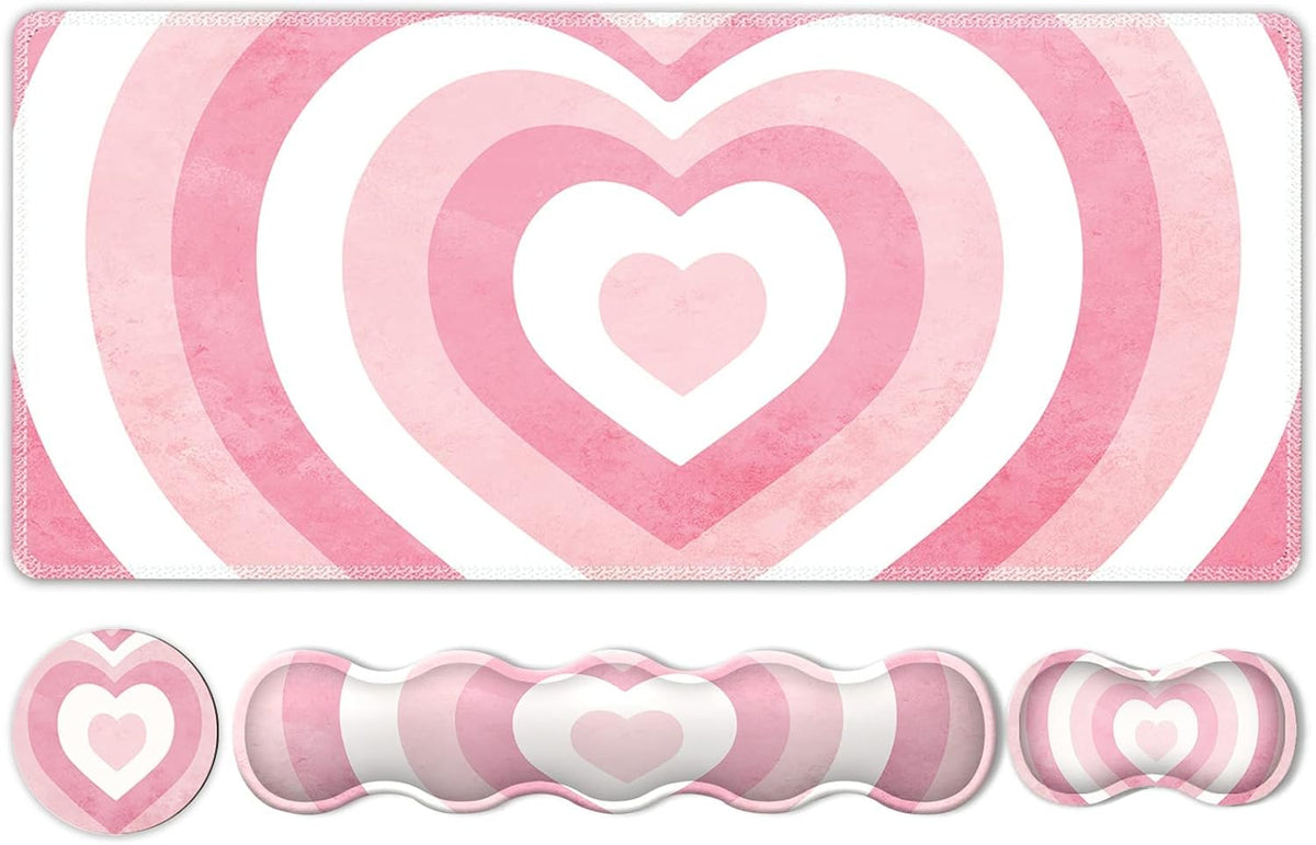 Desk Mat Set, Pink Heart Mouse Pad and Keyboard Wrist Rest
