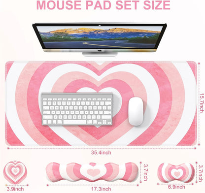 Desk Mat Set, Pink Heart Mouse Pad and Keyboard Wrist Rest