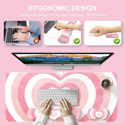 Desk Mat Set, Pink Heart Mouse Pad and Keyboard Wrist Rest