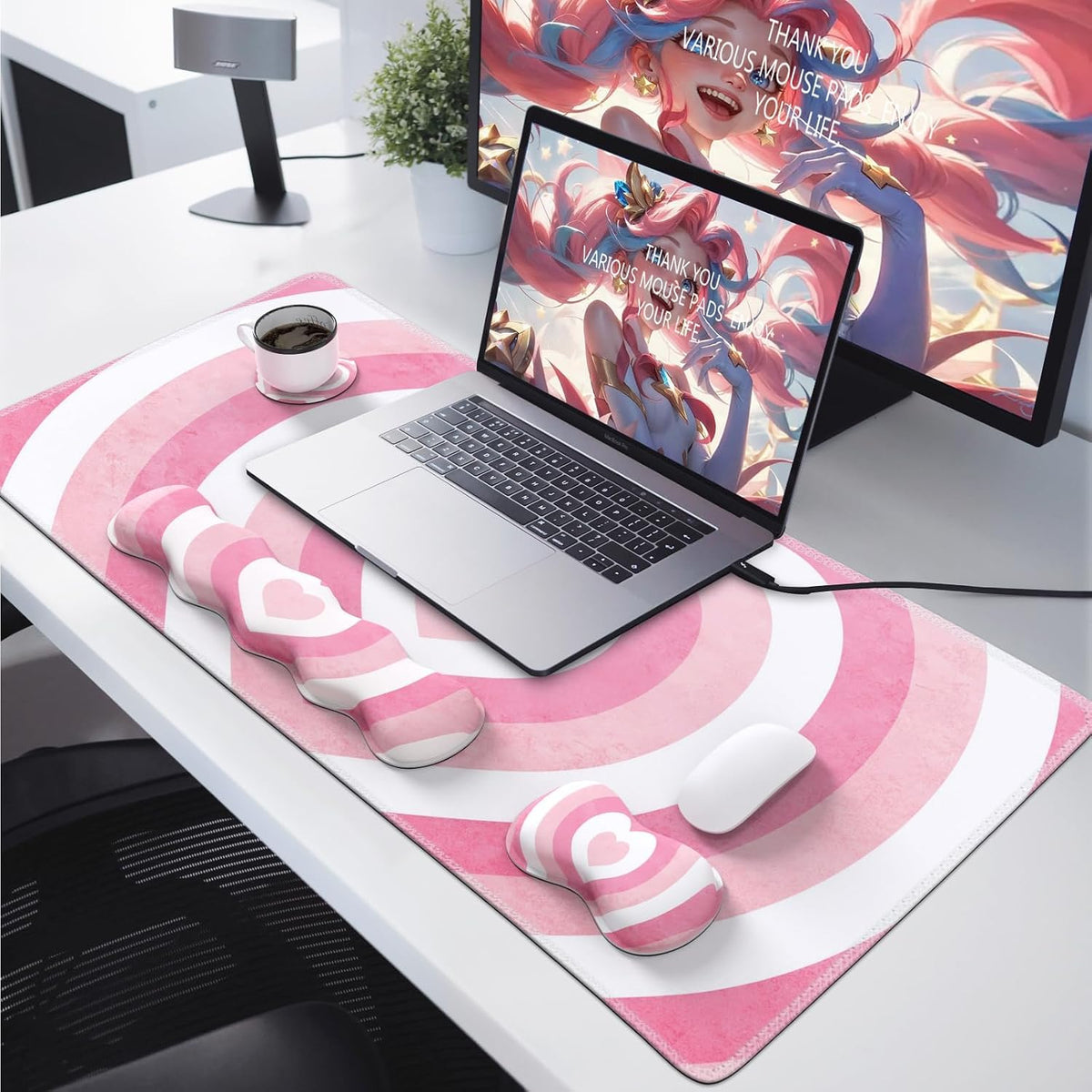 Desk Mat Set, Pink Heart Mouse Pad and Keyboard Wrist Rest