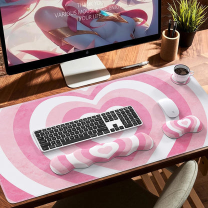 Desk Mat Set, Pink Heart Mouse Pad and Keyboard Wrist Rest