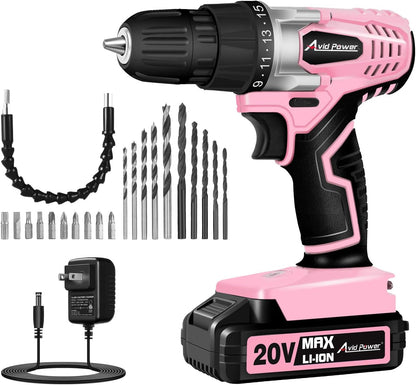 20V Cordless Drill Set for Home DIY & Beginner Projects - Lightweight Power Drill with Battery Charger & 22 Bits, Variable Speed, 3/8" Keyless Chuck, Ideal for Furniture Assembly (Pink)