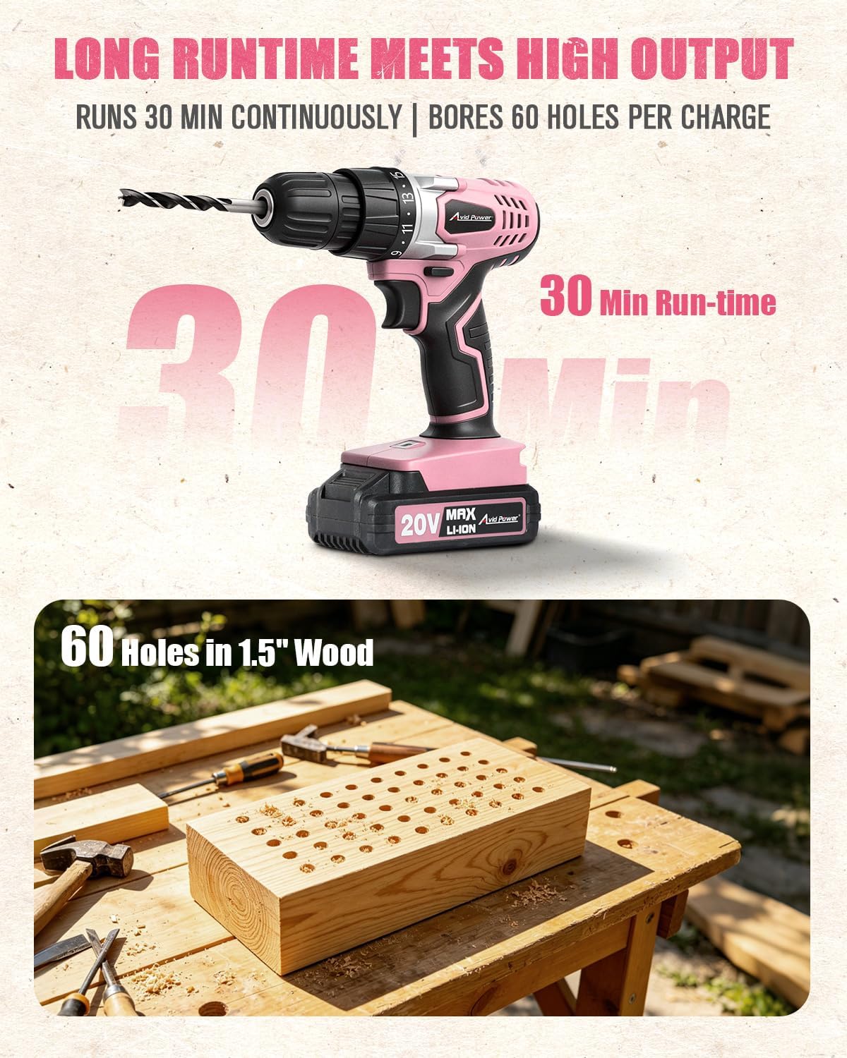 20V Cordless Drill Set for Home DIY & Beginner Projects - Lightweight Power Drill with Battery Charger & 22 Bits, Variable Speed, 3/8" Keyless Chuck, Ideal for Furniture Assembly (Pink)
