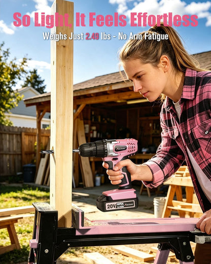 20V Cordless Drill Set for Home DIY & Beginner Projects - Lightweight Power Drill with Battery Charger & 22 Bits, Variable Speed, 3/8" Keyless Chuck, Ideal for Furniture Assembly (Pink)