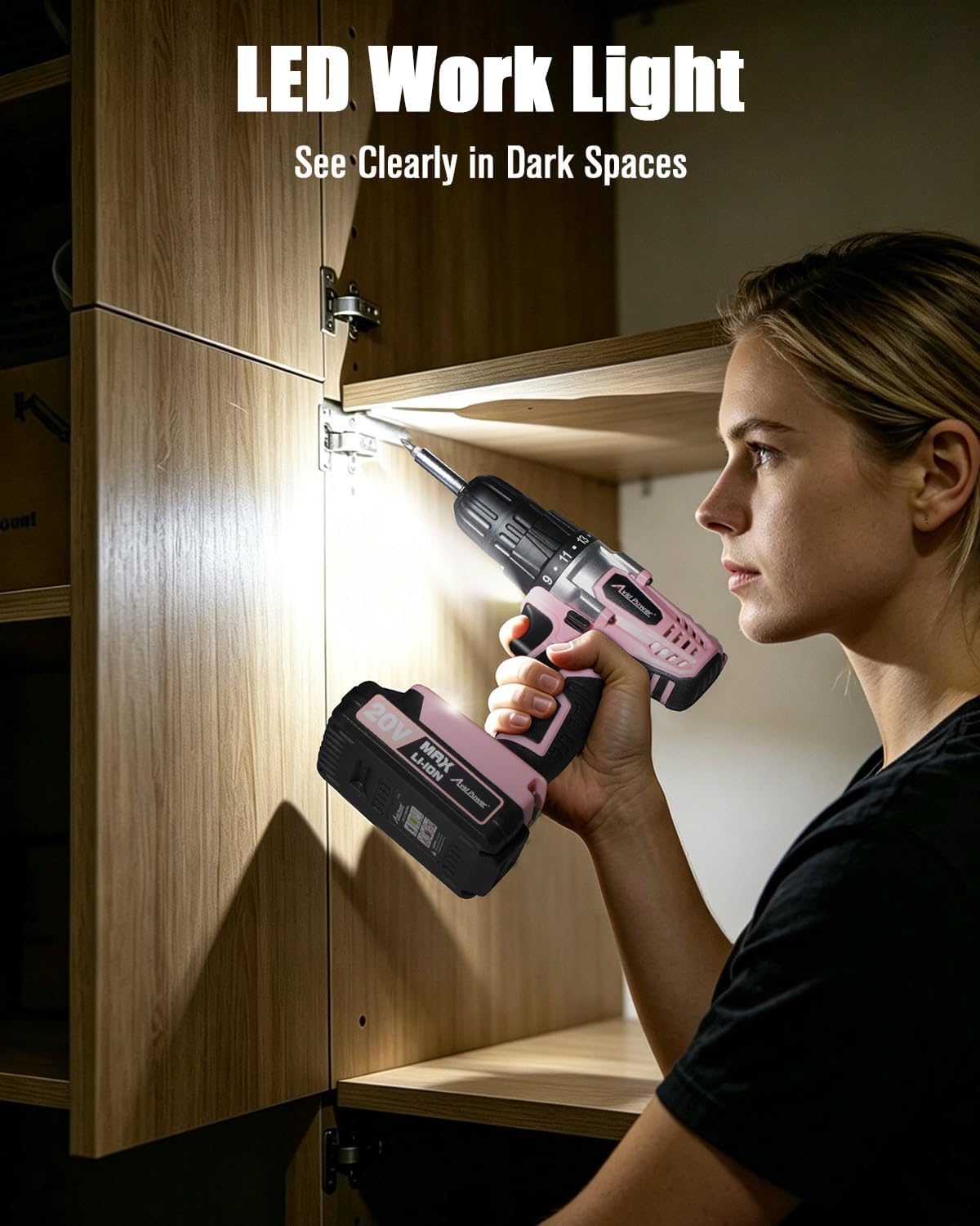 20V Cordless Drill Set for Home DIY & Beginner Projects - Lightweight Power Drill with Battery Charger & 22 Bits, Variable Speed, 3/8" Keyless Chuck, Ideal for Furniture Assembly (Pink)