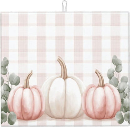 Dish Drying Mat for Kitchen Pink Pumpkin Buffalo Plaid Pattern Counter Absorbent Dishes Drainer Microfiber Small 16x18 Inch