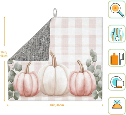 Dish Drying Mat for Kitchen Pink Pumpkin Buffalo Plaid Pattern Counter Absorbent Dishes Drainer Microfiber Small 16x18 Inch
