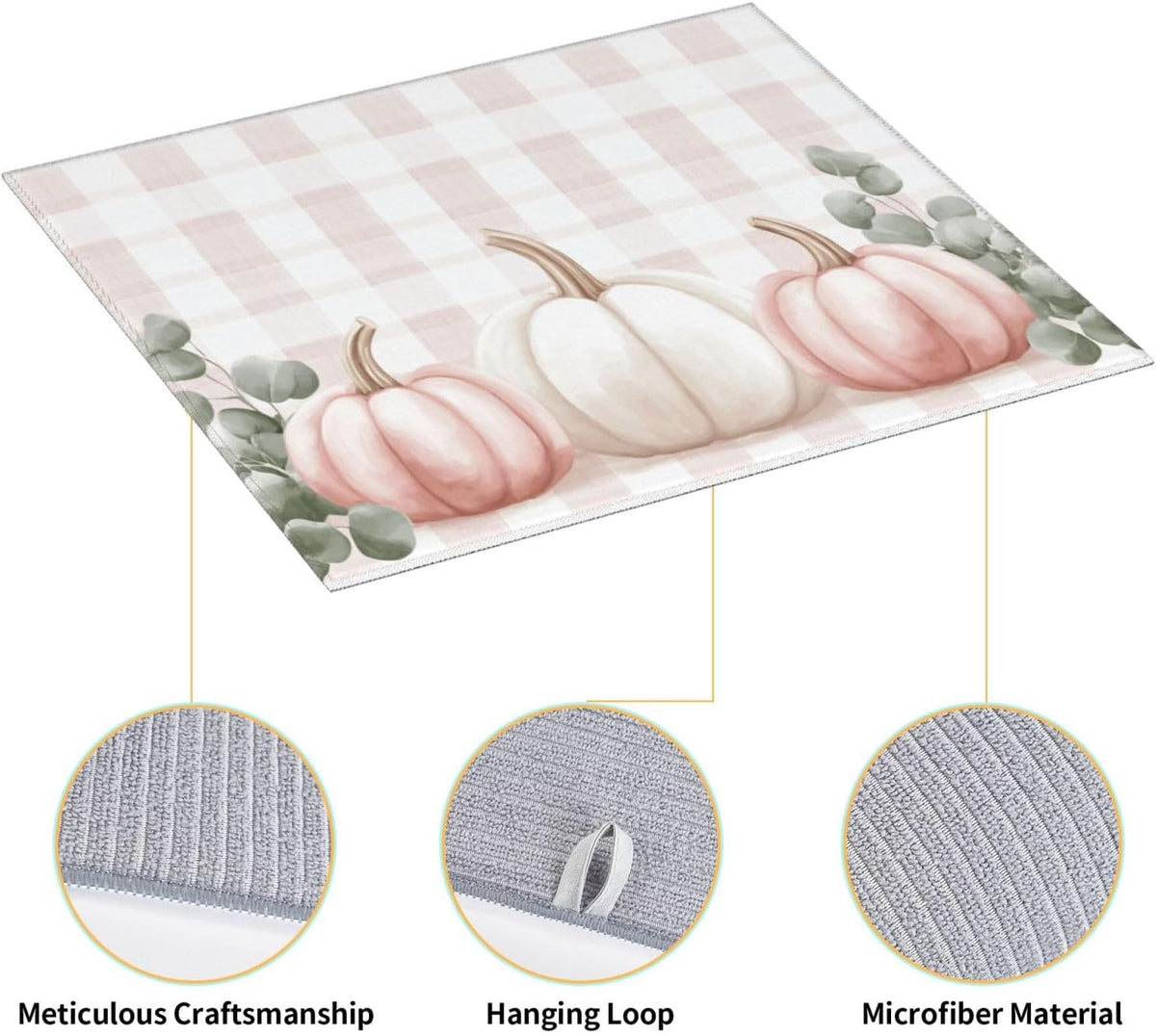Dish Drying Mat for Kitchen Pink Pumpkin Buffalo Plaid Pattern Counter Absorbent Dishes Drainer Microfiber Small 16x18 Inch