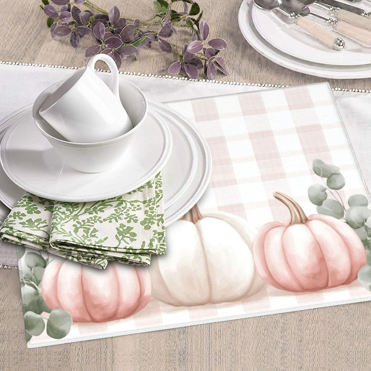Dish Drying Mat for Kitchen Pink Pumpkin Buffalo Plaid Pattern Counter Absorbent Dishes Drainer Microfiber Small 16x18 Inch