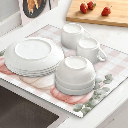 Dish Drying Mat for Kitchen Pink Pumpkin Buffalo Plaid Pattern Counter Absorbent Dishes Drainer Microfiber Small 16x18 Inch