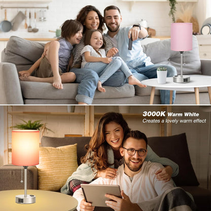 Dicoool Pink Bedroom Lamp for Bedside - 3 Color Temperatures Desk Lamp with USB C and A Ports, Pull Chain Table Lamp with AC Outlet, Nightstand Lamp with Silver Metal Base for Kids Girls