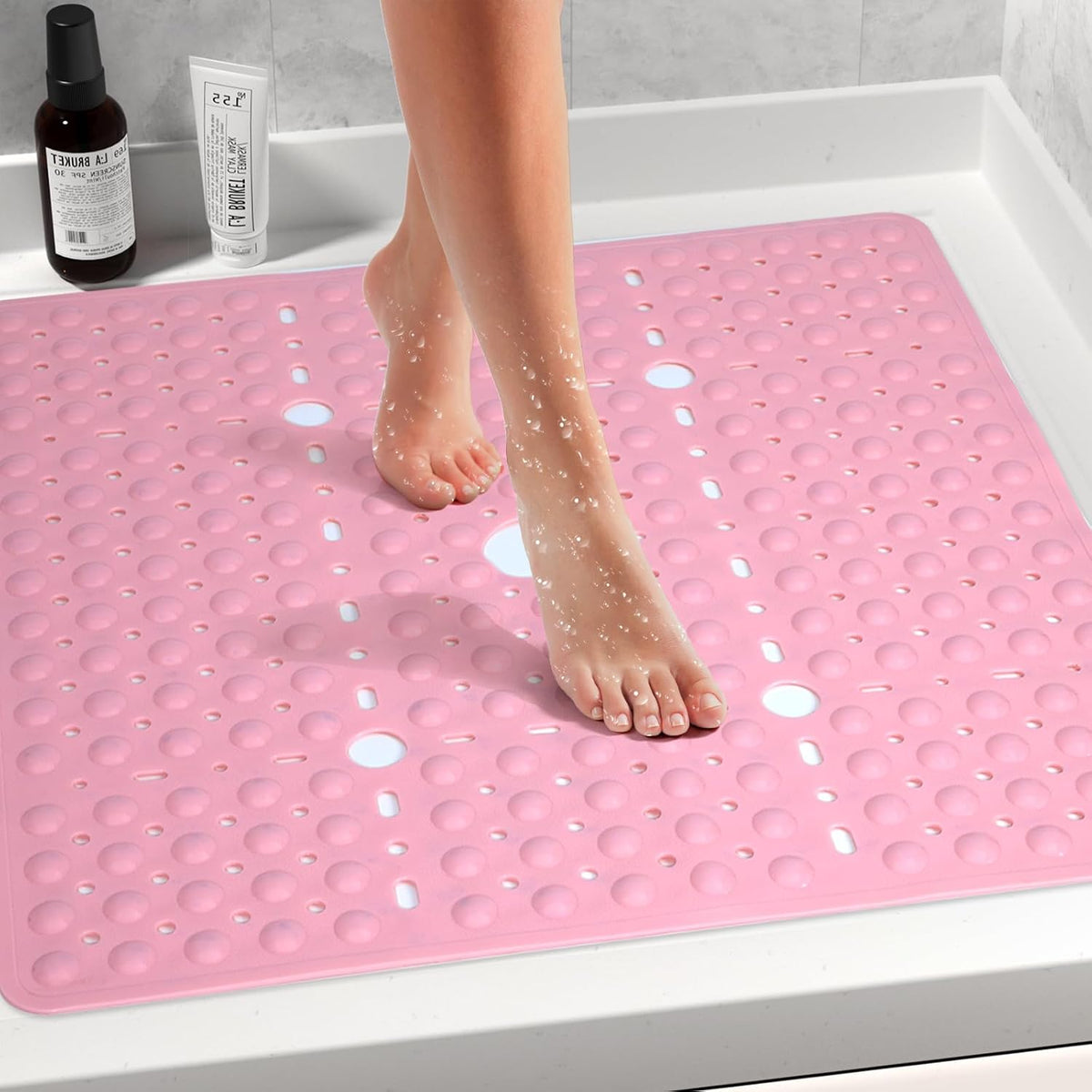 Large Square Shower Mat Bathtub Bath Mat Non Slip Pink 27"x27"
