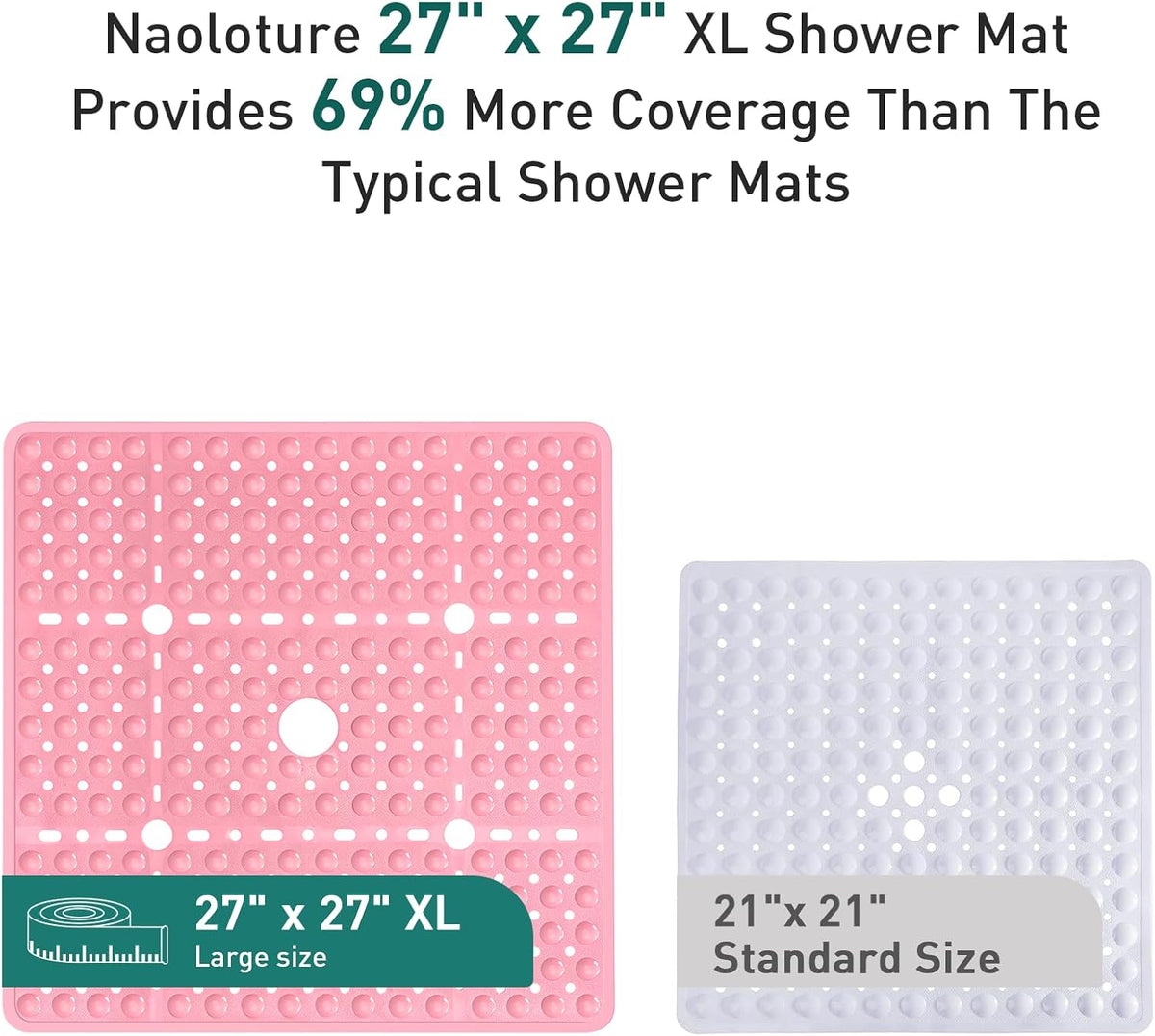 Large Square Shower Mat Bathtub Bath Mat Non Slip Pink 27"x27"